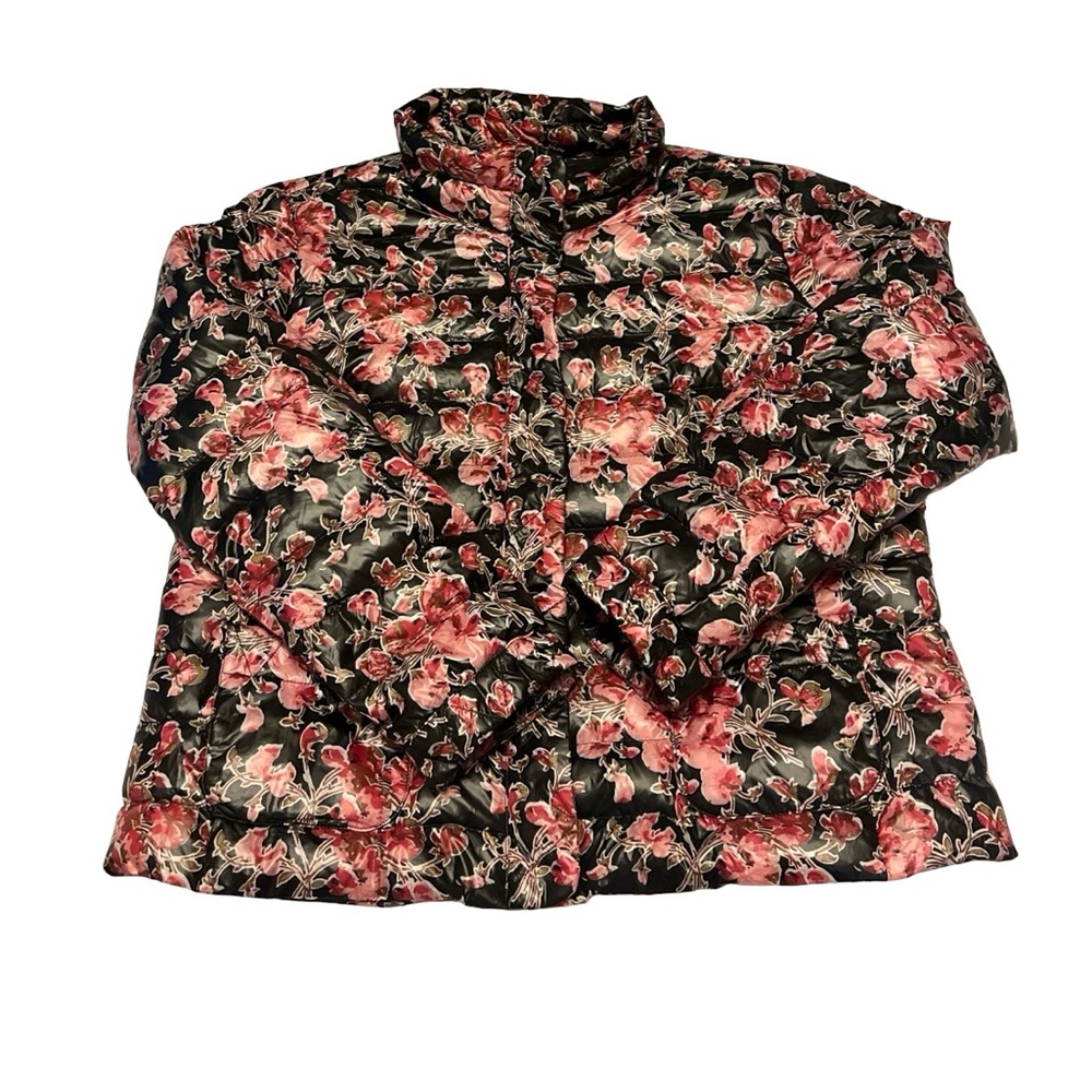 Lands End Floral Pink Black Lightweight Stepped Down Jacket Sz XL/P Travel Walks